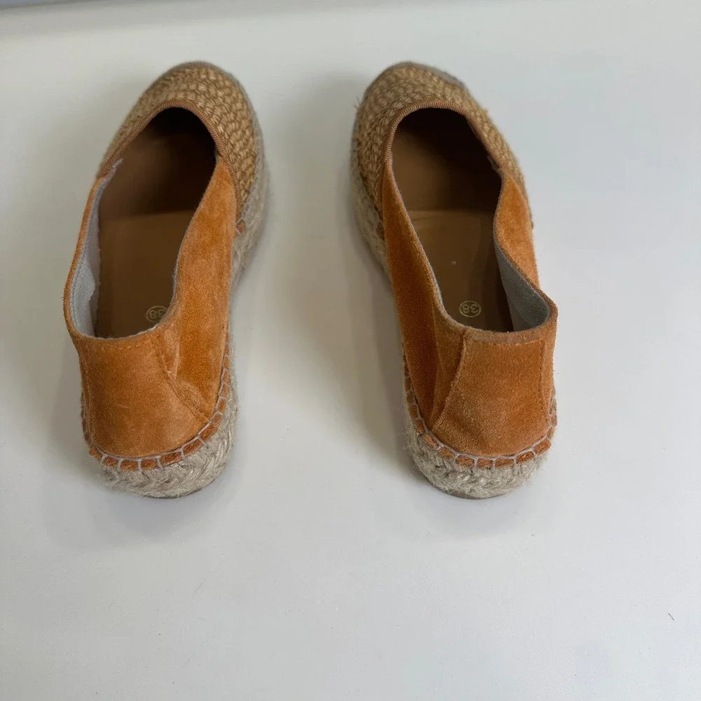 Viguera Spain Womens 38 Burnt Orange Suede Woven Straw Espadrille Flats Slip On